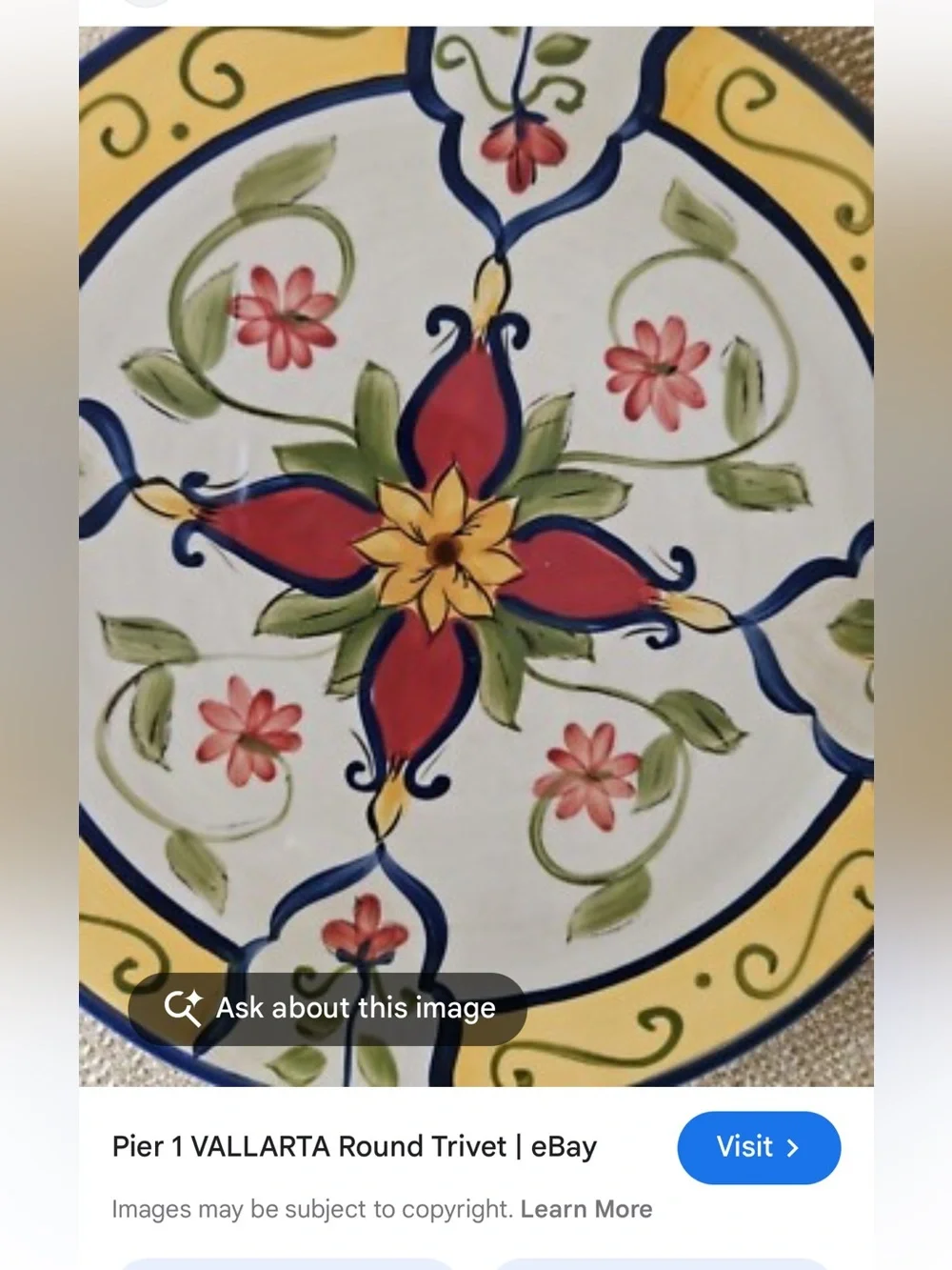 Pier 1 Cream Glazed Ceramic Trivet Hot Plate - Like New Retired Piece - Vallarta